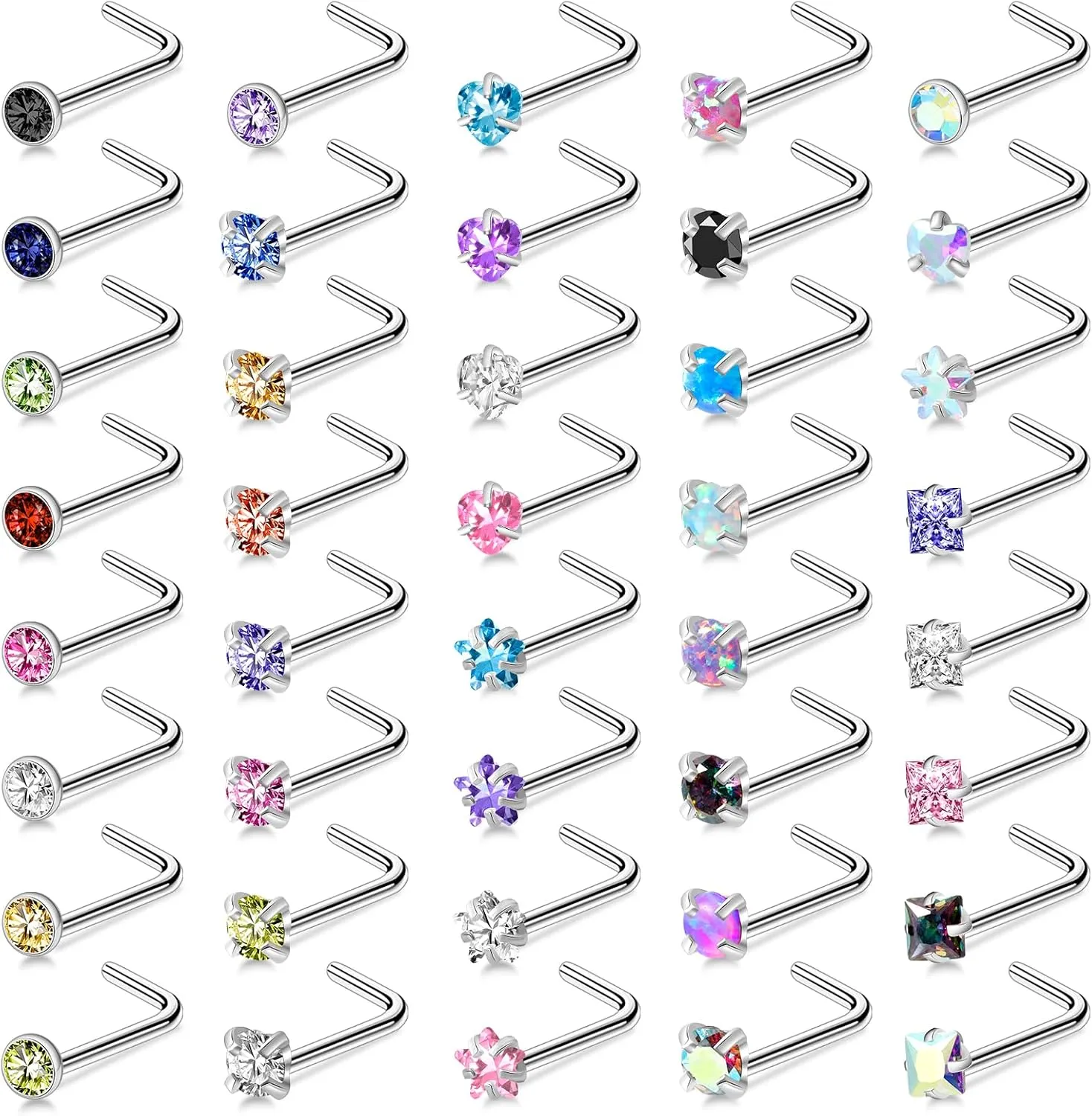 ONESING 36-44 Pcs 18G 20G Nose Rings Studs Nose Rings for Women Nose Piercings Jewelry Surgical Stainless Steel Nose Studs Moon Star Heart Butterfly Hypoallergenic Body Piercing Jewelry for Women Men