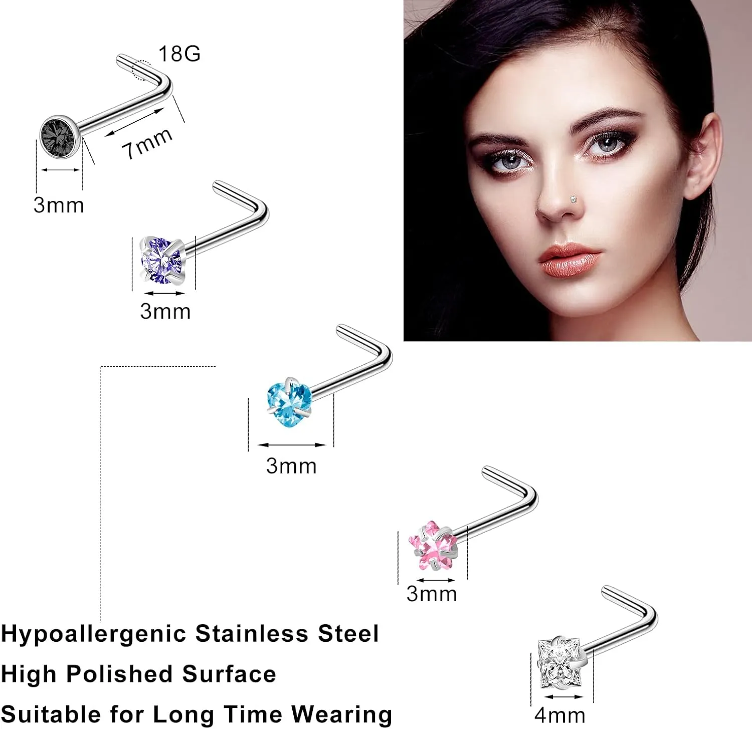 ONESING 36-44 Pcs 18G 20G Nose Rings Studs Nose Rings for Women Nose Piercings Jewelry Surgical Stainless Steel Nose Studs Moon Star Heart Butterfly Hypoallergenic Body Piercing Jewelry for Women Men