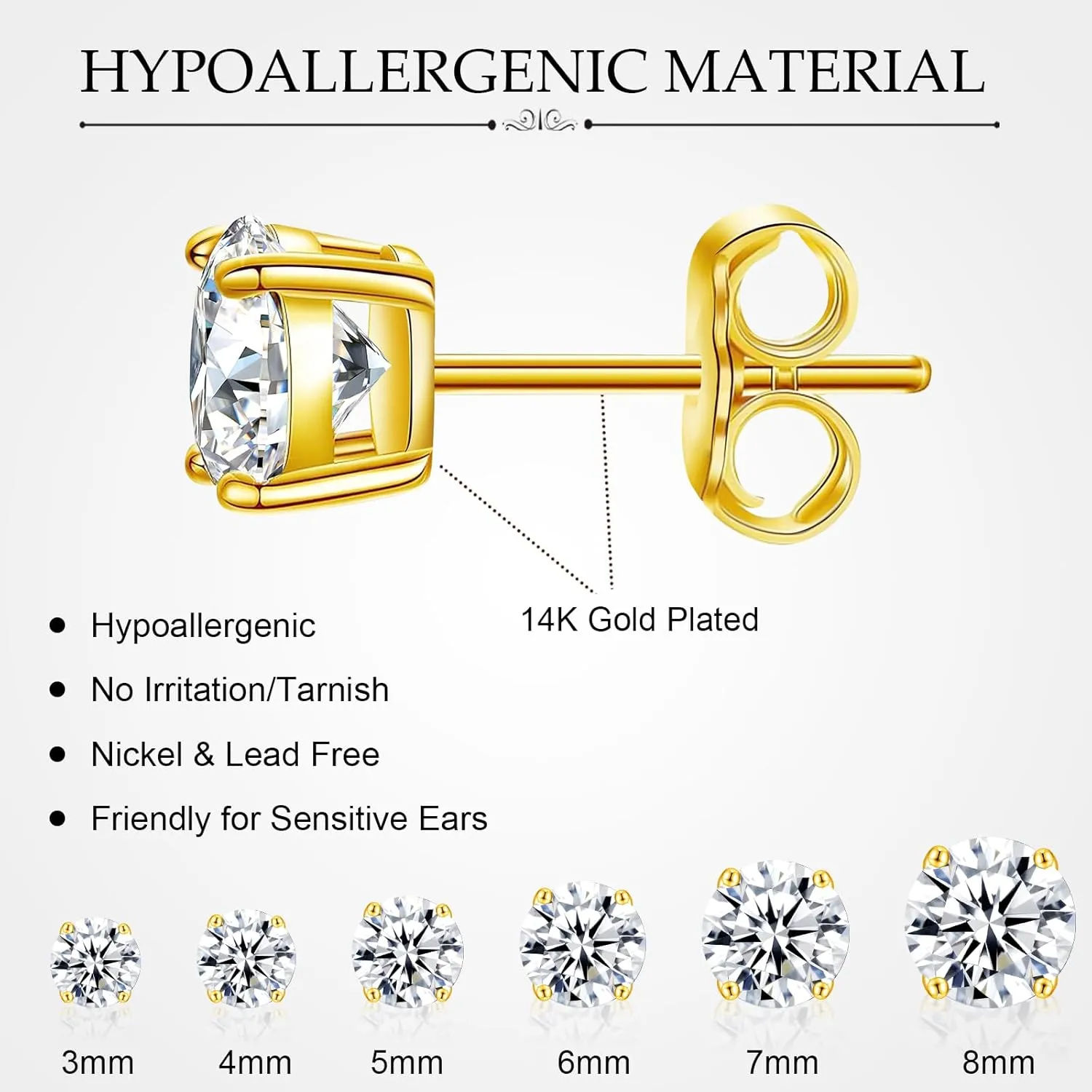 ONESING 6 Pairs Stud Earrings for Men Women, Stainless Steel 3-4-5mm Hypoallergenic Cubic Zirconia Earrings Studs Silver/Black Cartilage Helix Tragus Earring Set for Multiple Piercing