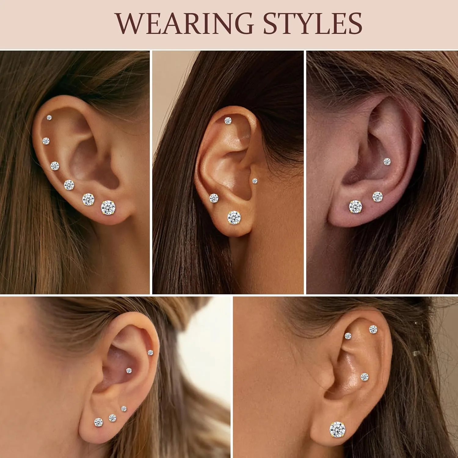 ONESING 6 Pairs Stud Earrings for Men Women, Stainless Steel 3-4-5mm Hypoallergenic Cubic Zirconia Earrings Studs Silver/Black Cartilage Helix Tragus Earring Set for Multiple Piercing