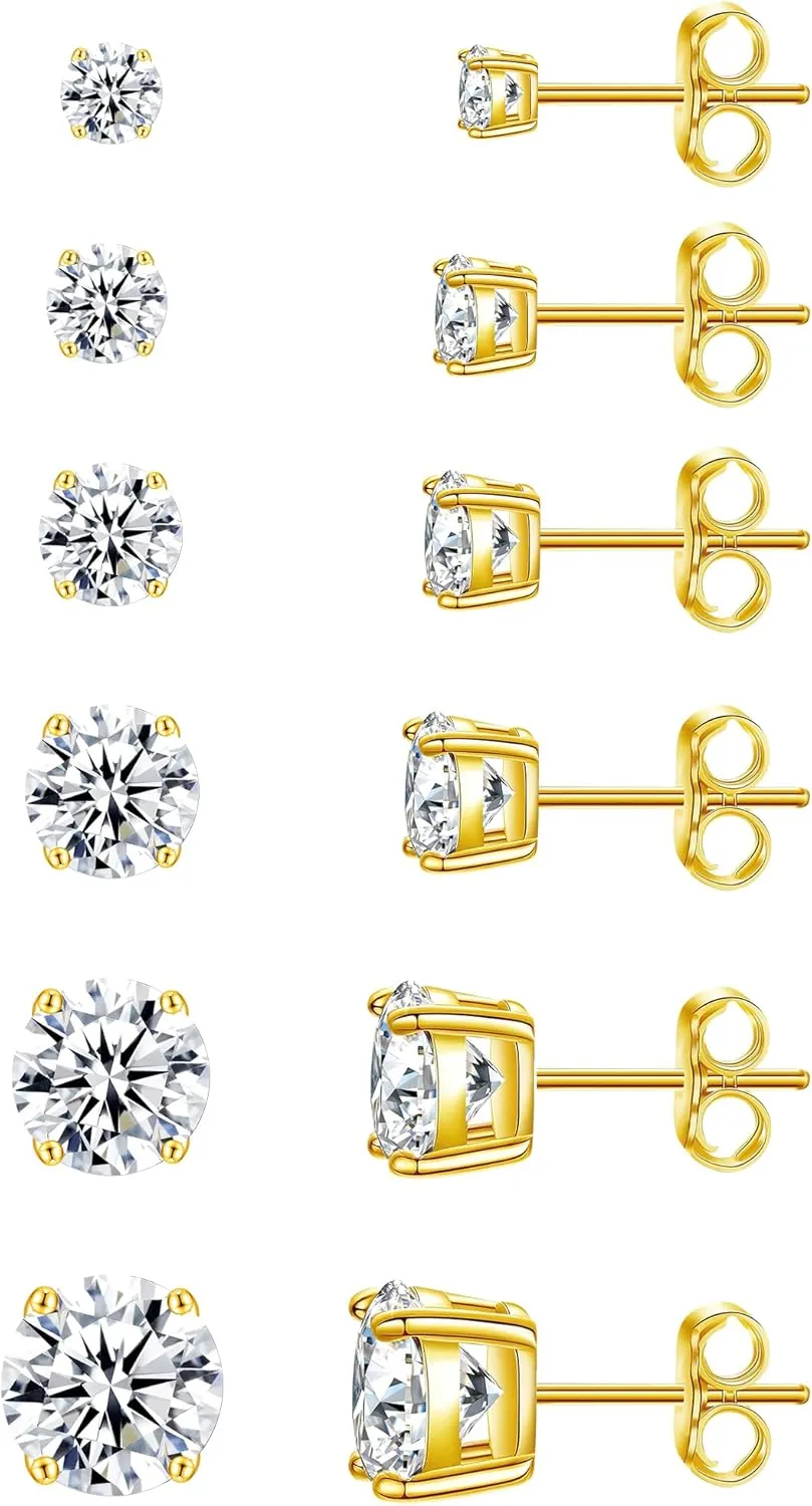 ONESING 6 Pairs Stud Earrings for Men Women, Stainless Steel 3-4-5mm Hypoallergenic Cubic Zirconia Earrings Studs Silver/Black Cartilage Helix Tragus Earring Set for Multiple Piercing
