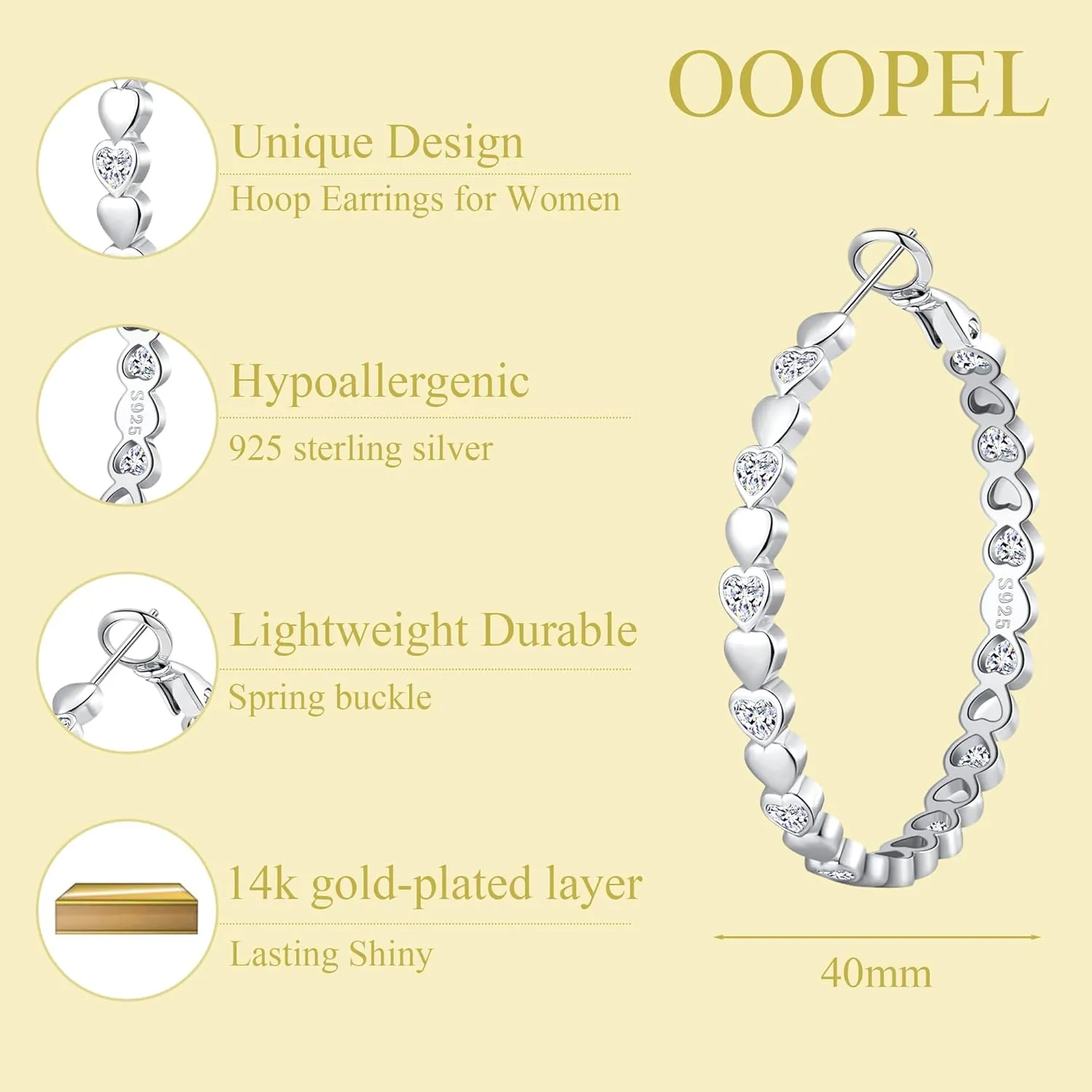 OOOPEL Heart Cubic Zirconia Large Hoop Earrings for Womens 925 Silver 14k Gold Plated Hypoallergenic Rhinestone Hoops Earring Sparkly Jewelry Gift 30/40/50/60mm