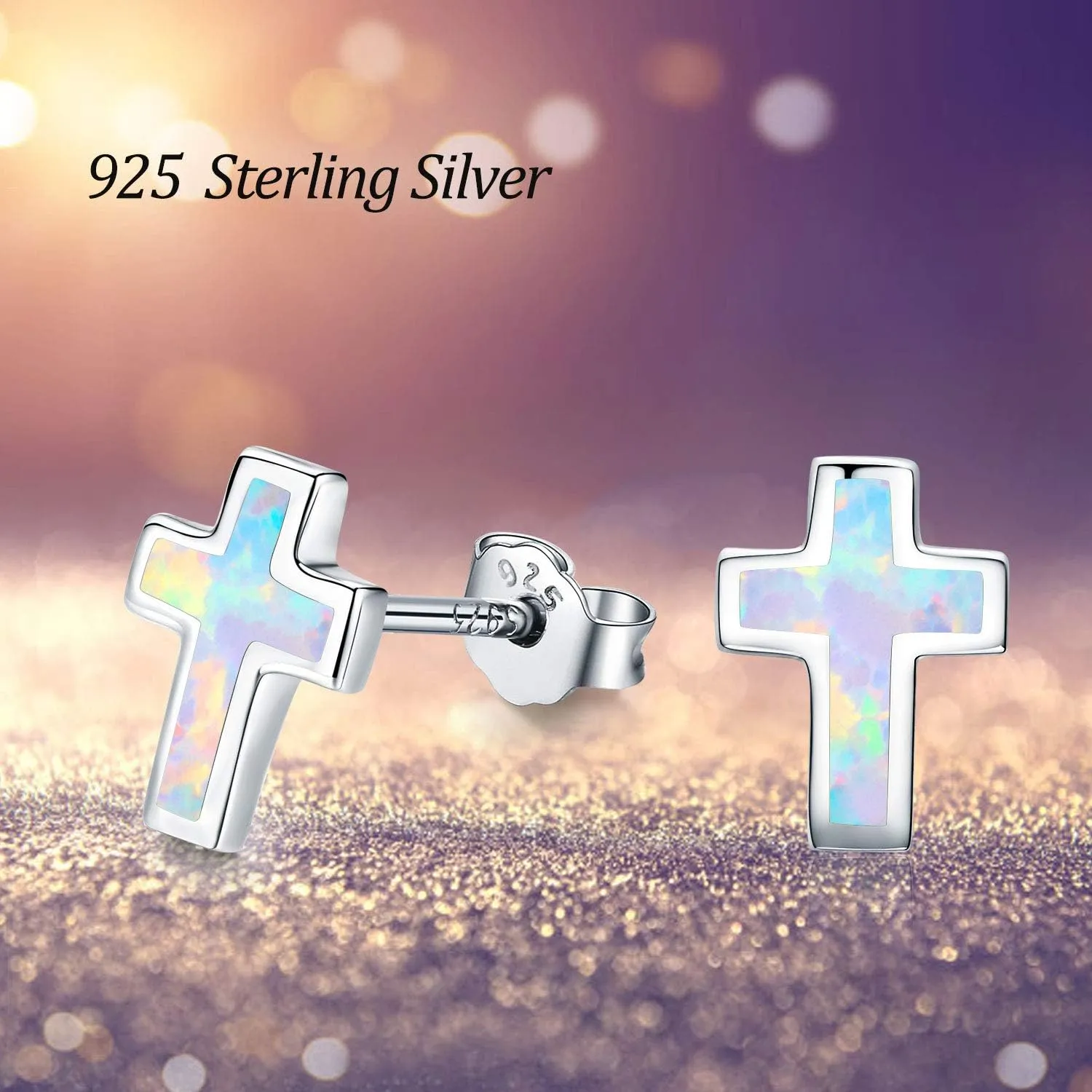 Opal Cross Stud Earrings, 925 Stertling Silver Hypoallergenic Anchor Stud Earrngs and Tiny Opal Cross Studs Jewelry for Women