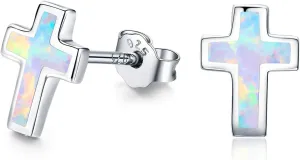 Opal Cross Stud Earrings, 925 Stertling Silver Hypoallergenic Anchor Stud Earrngs and Tiny Opal Cross Studs Jewelry for Women