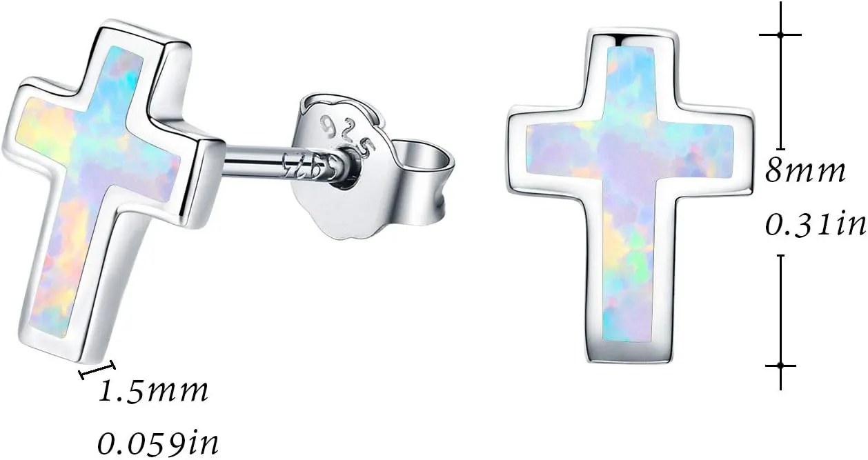 Opal Cross Stud Earrings, 925 Stertling Silver Hypoallergenic Anchor Stud Earrngs and Tiny Opal Cross Studs Jewelry for Women