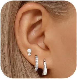 Opal Earrings Set for Women, Hypoallergenic S925 Hoop Stud Earrings for Women with Sensitive Ears,Chunky Gold Opal Jewelry Women