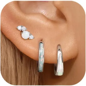 Opal Earrings Set for Women, Sterling Silver Hoop Earrings for Sensitive Ears, Dainty Trendy Opal Jewelry 2025, Birthday Gifts for Her/Yourself/Mom