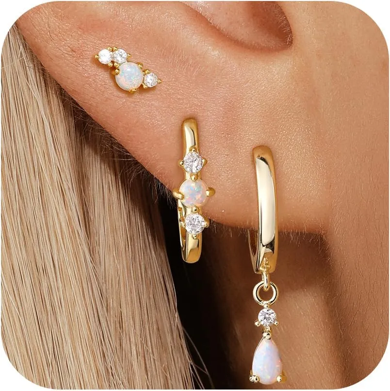 Opal Earrings Set for Women, Valentine Gift for Her, Sterling Silver | 14K Gold, Hypoallergenic S925 Hoop Stud Earrings for Women with Sensitive Ears, Dainty StackableTrendy 2025