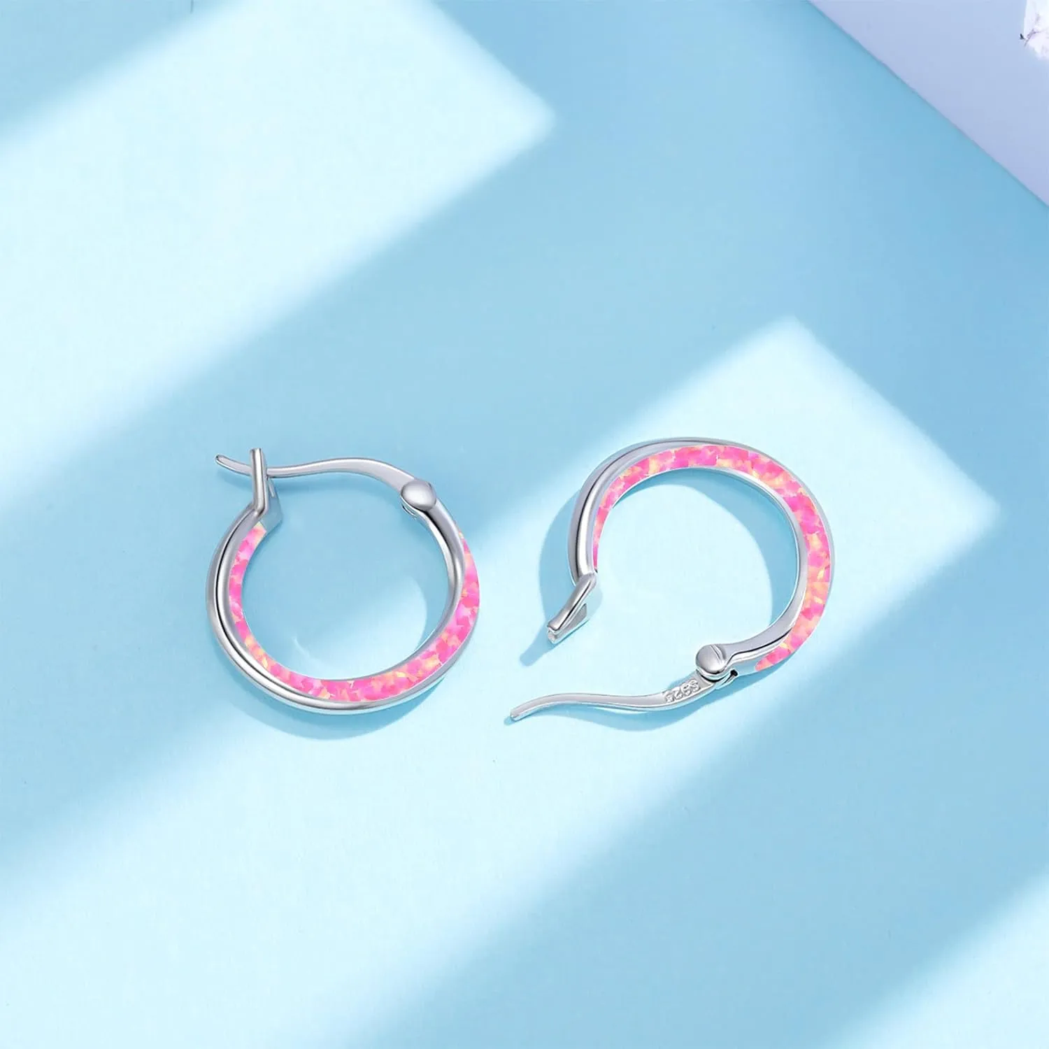 Opal Hoop Earrings for Women Girl 925 Sterling Silver Blue/White/Black/Green/Pink/Orange Opal Huggie Earrings Hypoallergenic Cartilage Hoops Earrings Opal Jewelry for Mother's Day