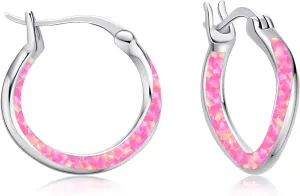 Opal Hoop Earrings for Women Girl 925 Sterling Silver Blue/White/Black/Green/Pink/Orange Opal Huggie Earrings Hypoallergenic Cartilage Hoops Earrings Opal Jewelry for Mother's Day