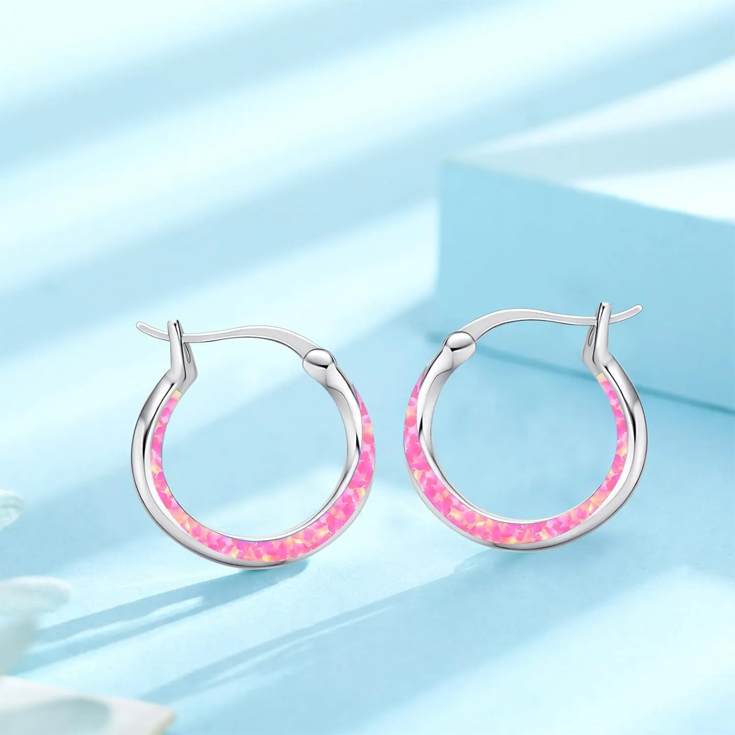 Opal Hoop Earrings for Women Girl 925 Sterling Silver Blue/White/Black/Green/Pink/Orange Opal Huggie Earrings Hypoallergenic Cartilage Hoops Earrings Opal Jewelry for Mother's Day
