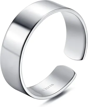Ornaland Open Rings Adjustable Wide Finger Ring 925 Sterling Silver Plated Platinum Ring Simple Stackable Rings Jewelry Accessories Gift for Men Women Birthday, 6mm