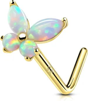 OUFER Nose Rings Studs, 20G Nose Rings, 9K Solid Gold L Scew Shaped Nostril Piercing Jewelry, Shiny Opal Butterfly Nose Piercing Jewelry Nose Screw Studs For Women