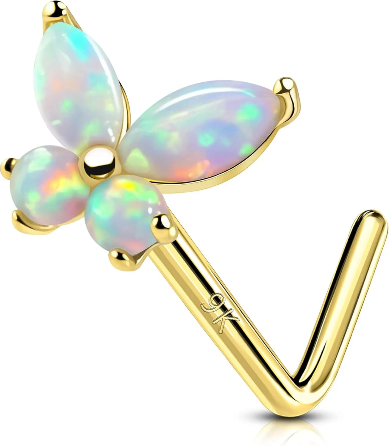 OUFER Nose Rings Studs, 20G Nose Rings, 9K Solid Gold L Scew Shaped Nostril Piercing Jewelry, Shiny Opal Butterfly Nose Piercing Jewelry Nose Screw Studs For Women