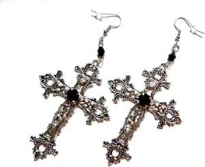 Oversized Ornate Gothic Cross Pendant Earrings on Surgical Steel Hooks w/Black Stones