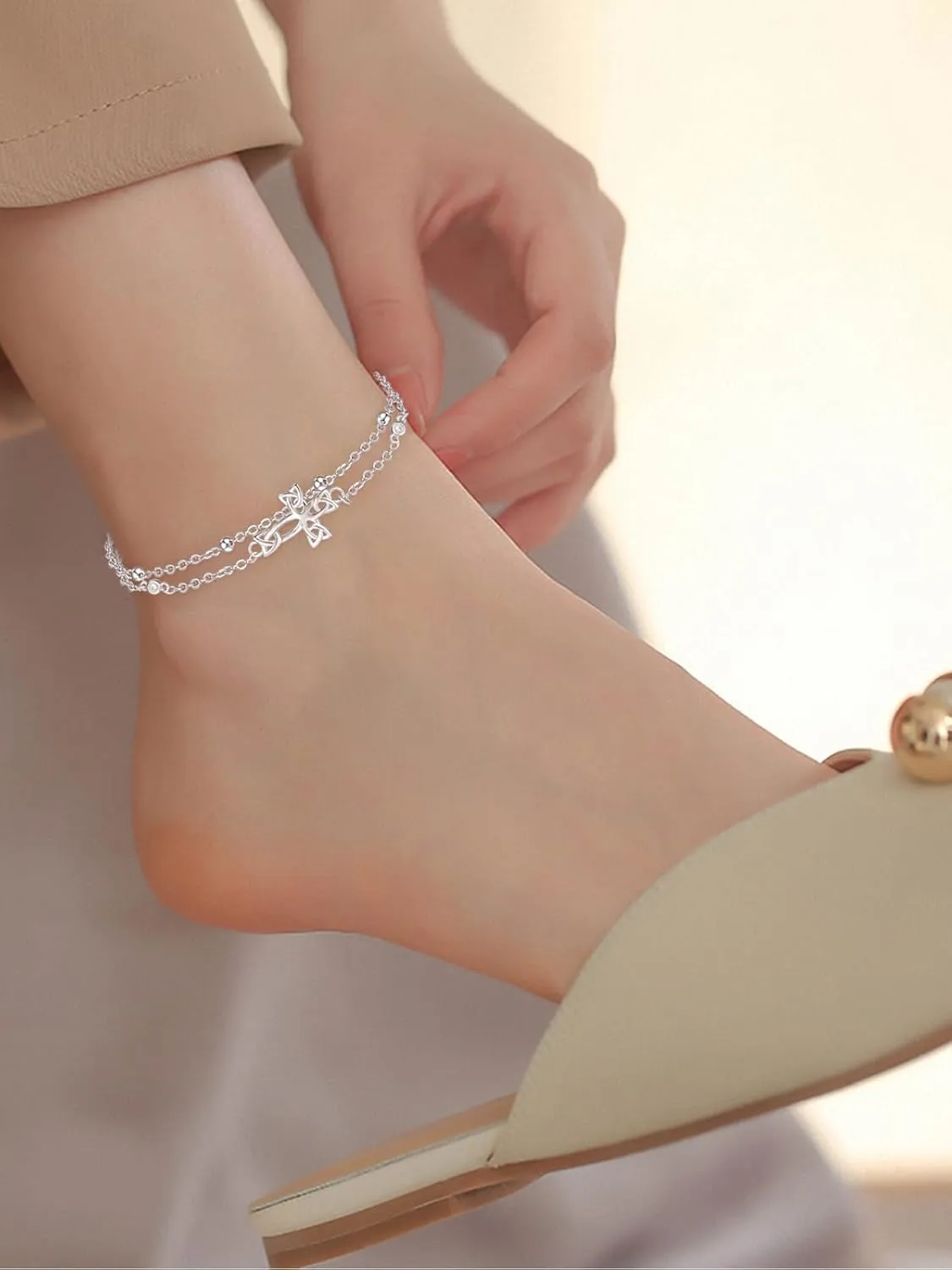Palpitate 925 Sterling Silver Ankle Bracelet Multilayer Anklets for Women Star, Cross, Infinity, Butterfly Layered Anklet Jewelry