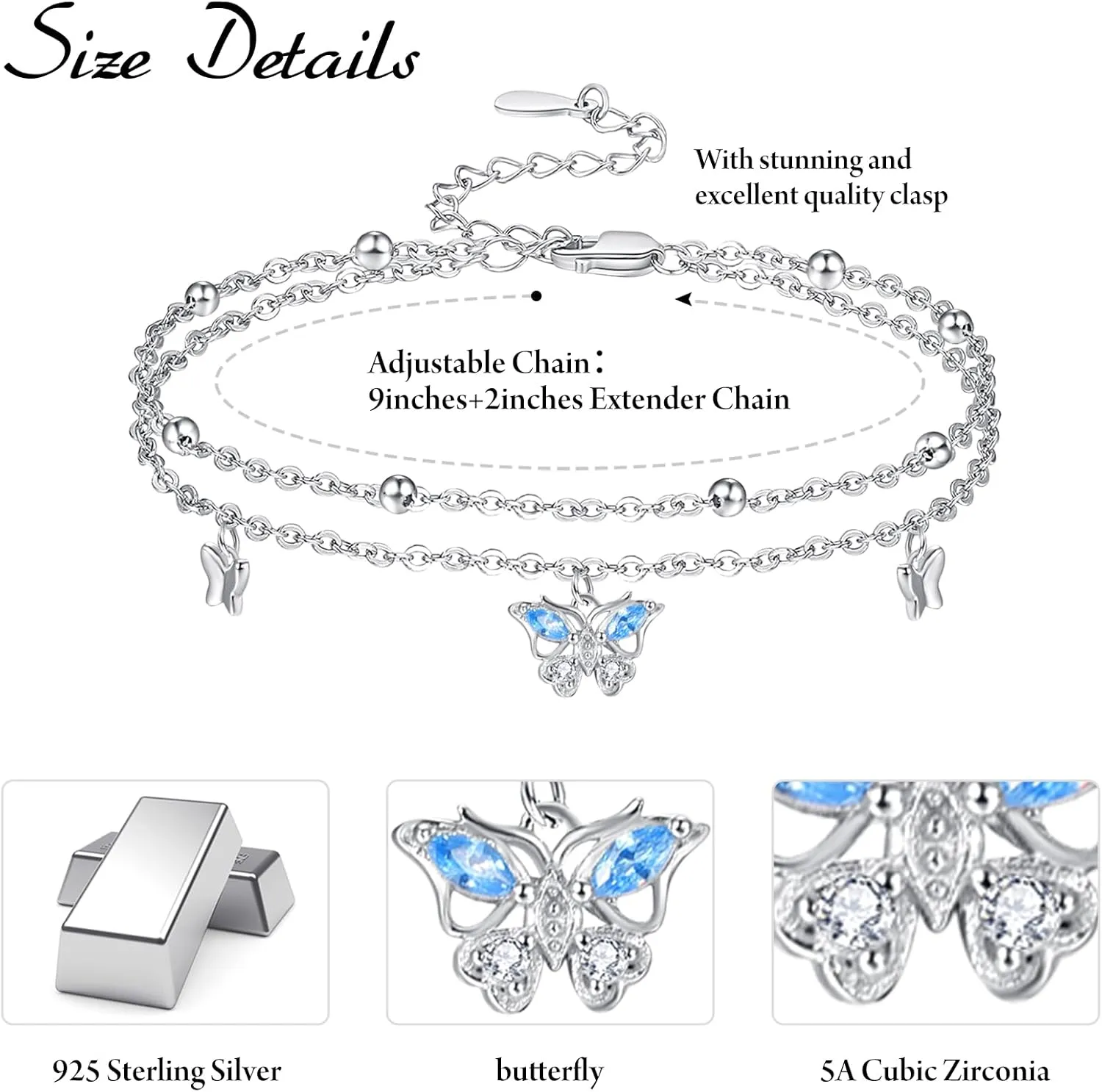 Palpitate Sterling Silver Butterfly Anklet & Ankle Bracelet for Women