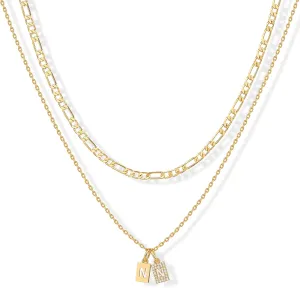 PAVOI 14K Gold Plated Initial Letter Double Dog Tag Pendant Necklace | Dainty Cubic Zirconia Letter Tag Round Box Chain Necklaces for Women