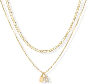 PAVOI 14K Gold Plated Initial Letter Double Dog Tag Pendant Necklace | Dainty Cubic Zirconia Letter Tag Round Box Chain Necklaces for Women