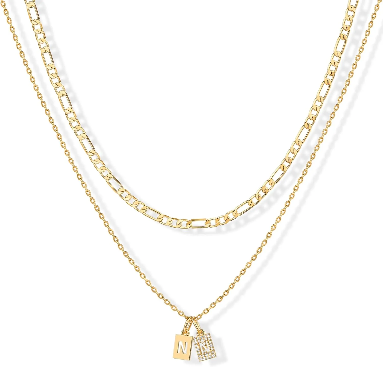 PAVOI 14K Gold Plated Initial Letter Double Dog Tag Pendant Necklace | Dainty Cubic Zirconia Letter Tag Round Box Chain Necklaces for Women