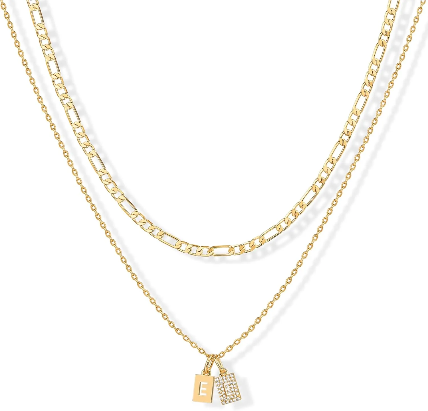 PAVOI 14K Gold Plated Initial Letter Double Dog Tag Pendant Necklace | Dainty Cubic Zirconia Letter Tag Round Box Chain Necklaces for Women
