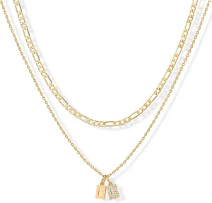 PAVOI 14K Gold Plated Initial Letter Double Dog Tag Pendant Necklace | Dainty Cubic Zirconia Letter Tag Round Box Chain Necklaces for Women