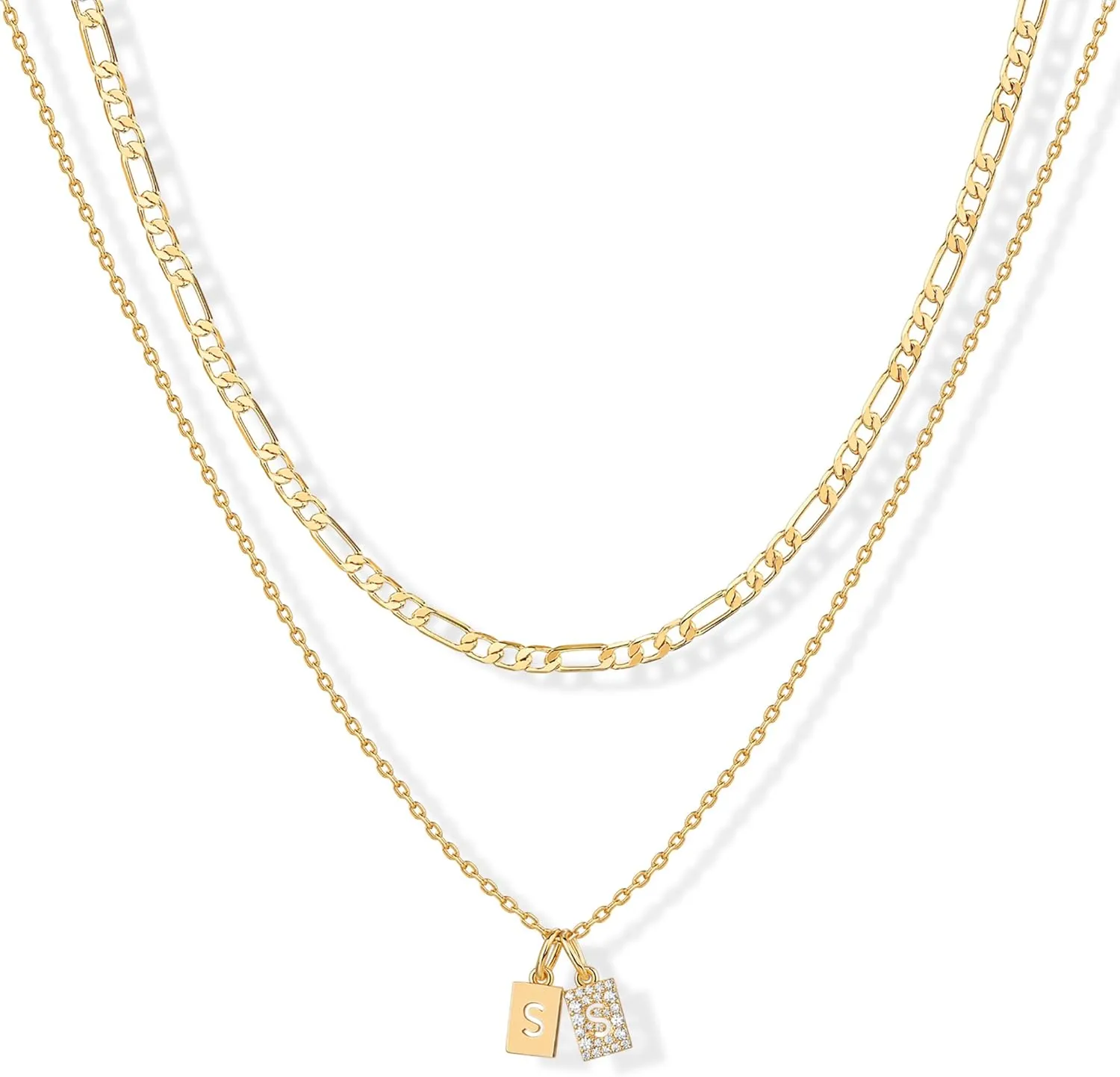 PAVOI 14K Gold Plated Initial Letter Double Dog Tag Pendant Necklace | Dainty Cubic Zirconia Letter Tag Round Box Chain Necklaces for Women