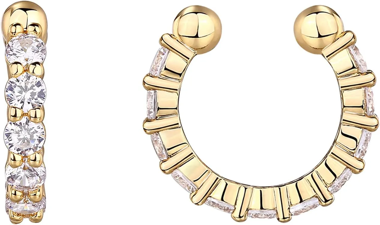 PAVOI 925 Sterling Silver 14K Gold Plated Cubic Zirconia Sparkling Round Huggie Ear Cuff Gold Earrings for Women | Clip On Cartilage