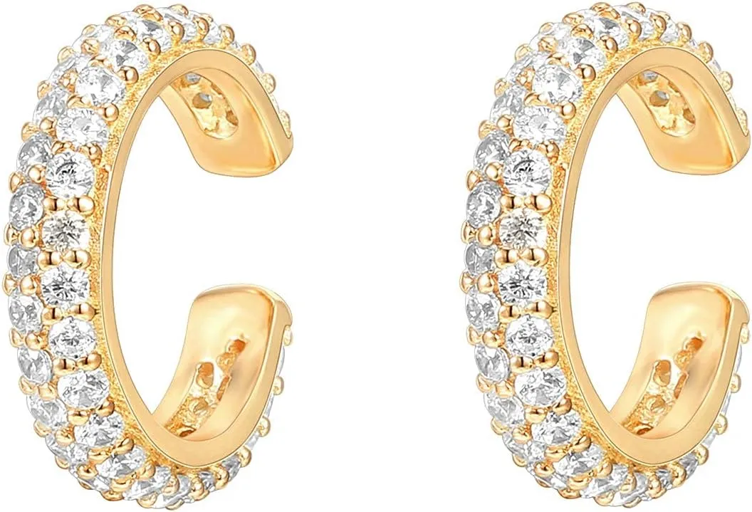 PAVOI 925 Sterling Silver 14K Gold Plated Cubic Zirconia Sparkling Round Huggie Ear Cuff Gold Earrings for Women | Clip On Cartilage