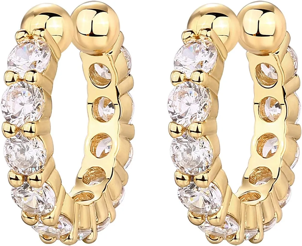 PAVOI 925 Sterling Silver 14K Gold Plated Cubic Zirconia Sparkling Round Huggie Ear Cuff Gold Earrings for Women | Clip On Cartilage