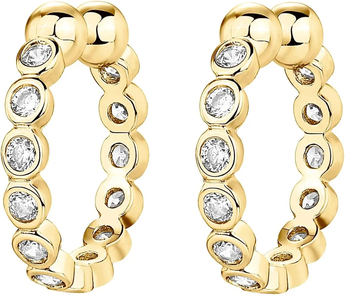 PAVOI 925 Sterling Silver 14K Gold Plated Cubic Zirconia Sparkling Round Huggie Ear Cuff Gold Earrings for Women | Clip On Cartilage