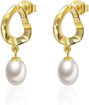 Pearl Earrings for Women, 14K Gold Plated 925 Sterling Silver Freshwater Pearl Dangle Drop Earrings Studs, Everyday Prom Wedding Jewelry for Bridal Brides Bridesmaid Birthday Gifts for Women