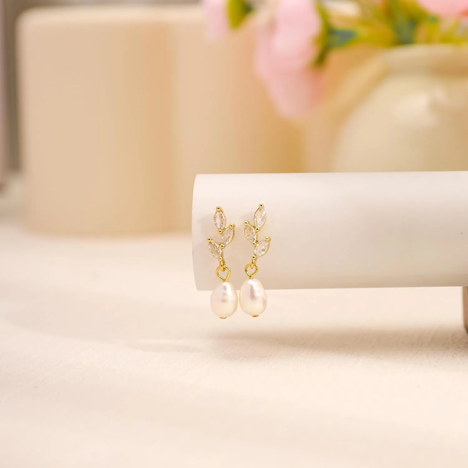 Pearl Earrings for Women - Dainty Gold Dangle Drop Earrings, 14k Gold Plated Cute Bow Design, Hypoallergenic Pearl Studs, Wedding Jewelry Gifts