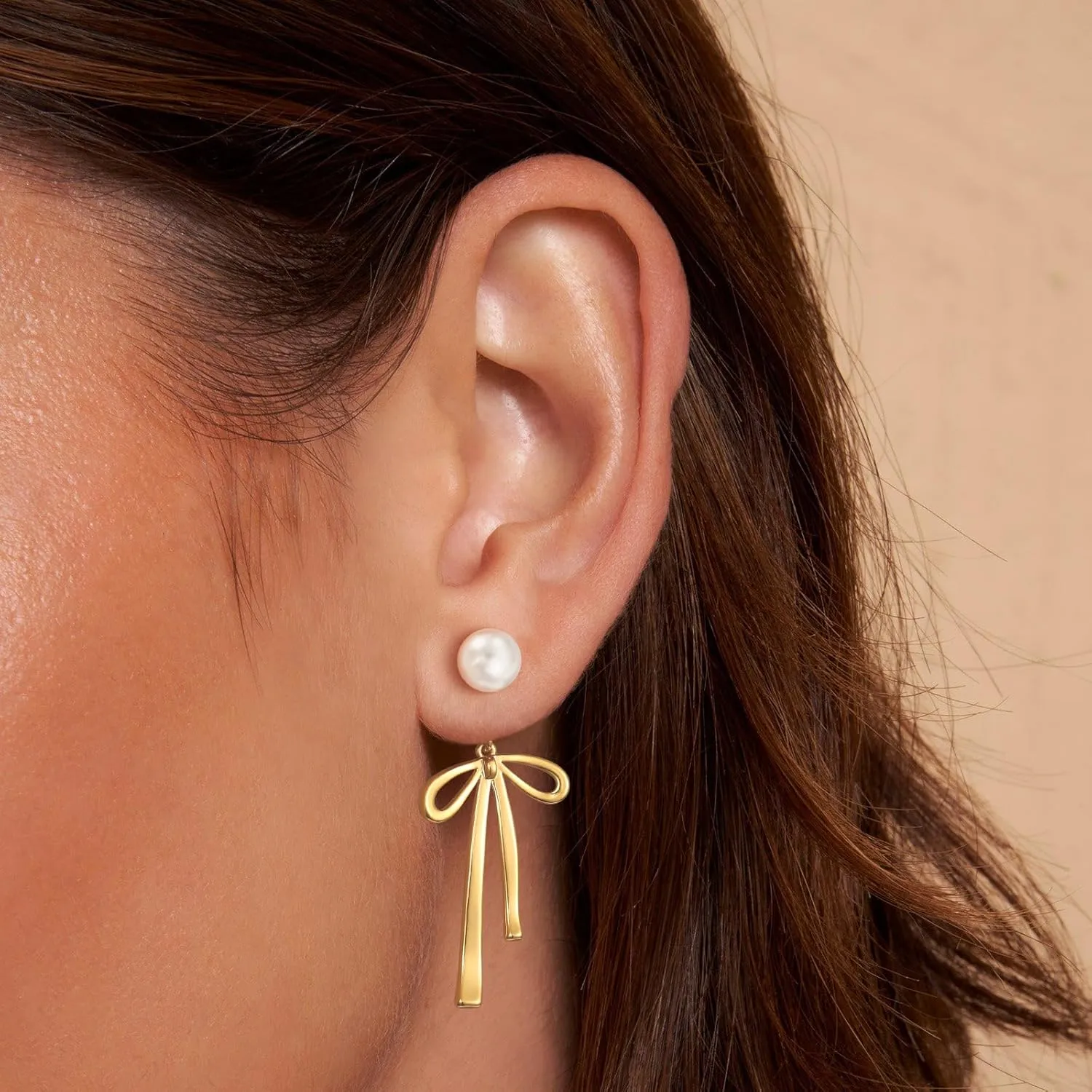Pearl Earrings for Women Gold Hoop Earrings for Women Trendy 14K Gold Plated/Silver Bow Pearl Huggie Earring Hoops Twist Rope Bow Stud Pearl Dangle Cubic Zirconia Earrings Jewelry Gifts for Women