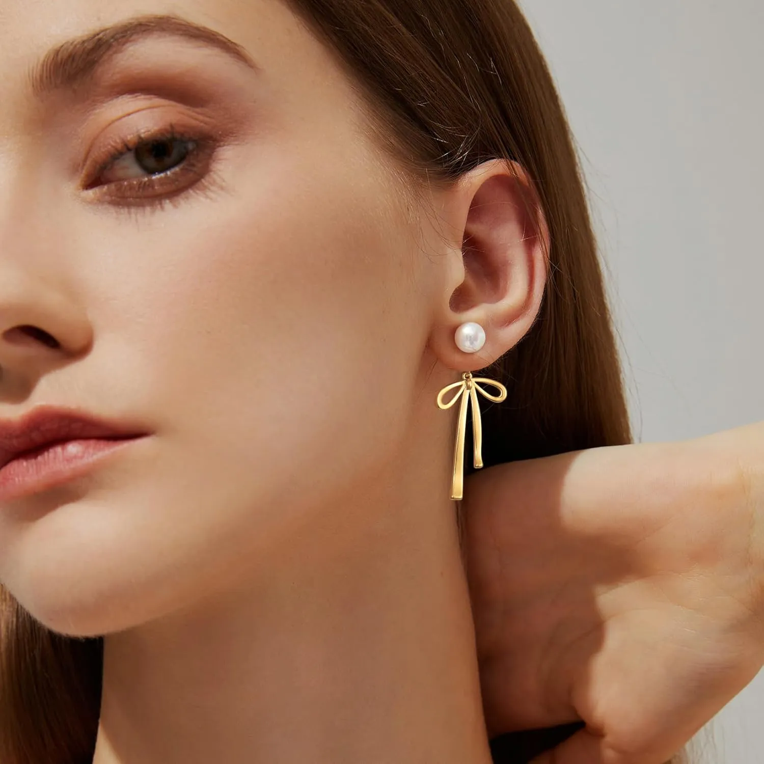 Pearl Earrings for Women Gold Hoop Earrings for Women Trendy 14K Gold Plated/Silver Bow Pearl Huggie Earring Hoops Twist Rope Bow Stud Pearl Dangle Cubic Zirconia Earrings Jewelry Gifts for Women