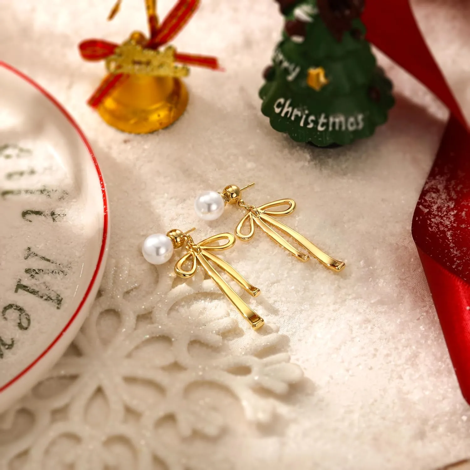 Pearl Earrings for Women Gold Hoop Earrings for Women Trendy 14K Gold Plated/Silver Bow Pearl Huggie Earring Hoops Twist Rope Bow Stud Pearl Dangle Cubic Zirconia Earrings Jewelry Gifts for Women