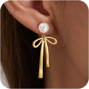 Pearl Earrings for Women Gold Hoop Earrings for Women Trendy 14K Gold Plated/Silver Bow Pearl Huggie Earring Hoops Twist Rope Bow Stud Pearl Dangle Cubic Zirconia Earrings Jewelry Gifts for Women