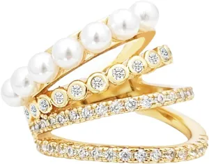 Pearl Layered Ear Cuff Earring for women, Gold Plated Cubic Zirconia Sparkling Huggie Ear Cuff, Pearl Earrings for Women, Non Pierced Ear Cartilage Clip on Wrap Earrings Helix Cuffs