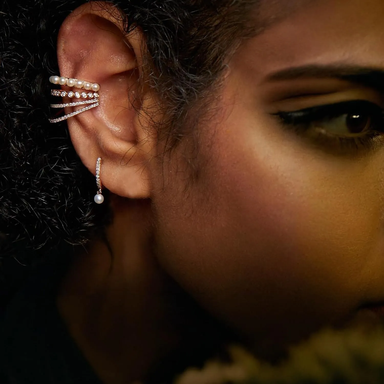 Pearl Layered Ear Cuff Earring for women, Gold Plated Cubic Zirconia Sparkling Huggie Ear Cuff, Pearl Earrings for Women, Non Pierced Ear Cartilage Clip on Wrap Earrings Helix Cuffs