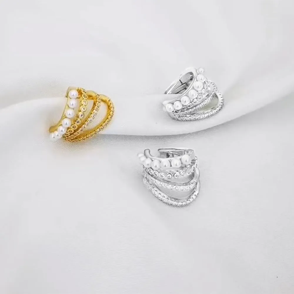Pearl Layered Ear Cuff Earring for women, Gold Plated Cubic Zirconia Sparkling Huggie Ear Cuff, Pearl Earrings for Women, Non Pierced Ear Cartilage Clip on Wrap Earrings Helix Cuffs