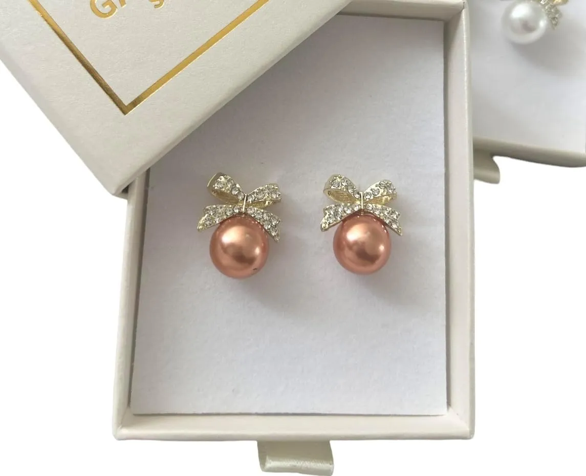 Pearl Stud Earrings for Women Jewelry Bowknot Rhinestone Drop Earrings Gold