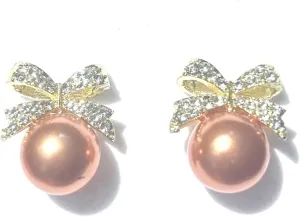 Pearl Stud Earrings for Women Jewelry Bowknot Rhinestone Drop Earrings Gold
