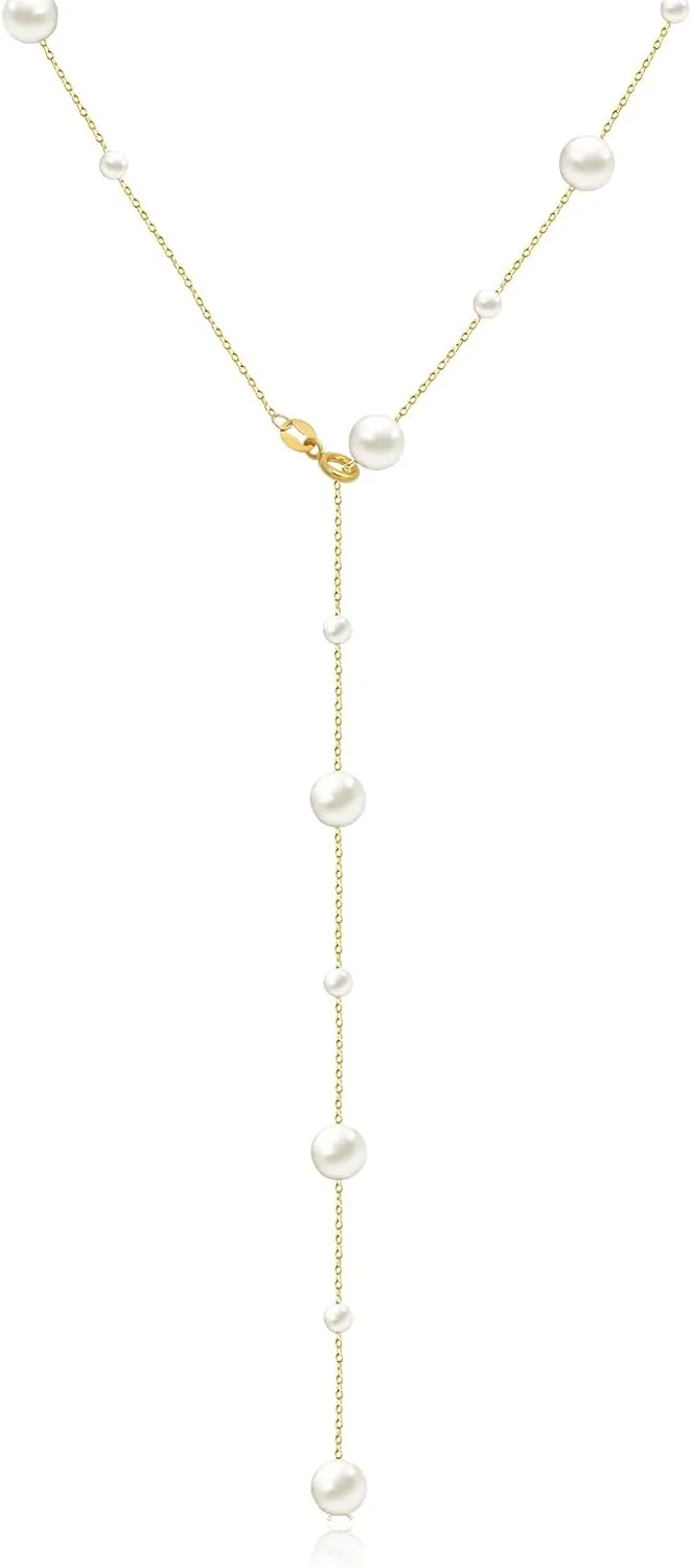 Pearls Neaklace for Women 14k Gold Plated Delicate Y Shape Pearl Long Necklace Adjustable Women's Jewelry Gift