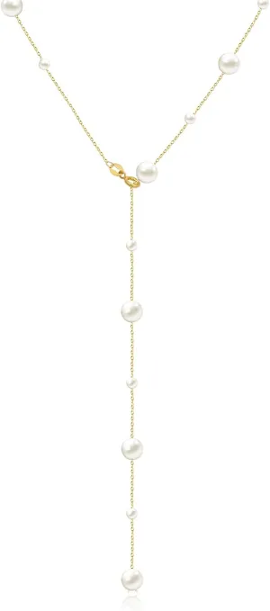Pearls Neaklace for Women 14k Gold Plated Delicate Y Shape Pearl Long Necklace Adjustable Women's Jewelry Gift