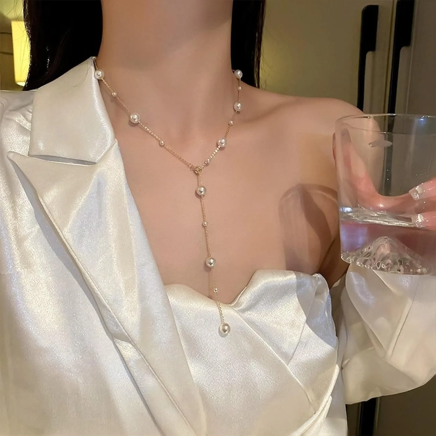 Pearls Neaklace for Women 14k Gold Plated Delicate Y Shape Pearl Long Necklace Adjustable Women's Jewelry Gift