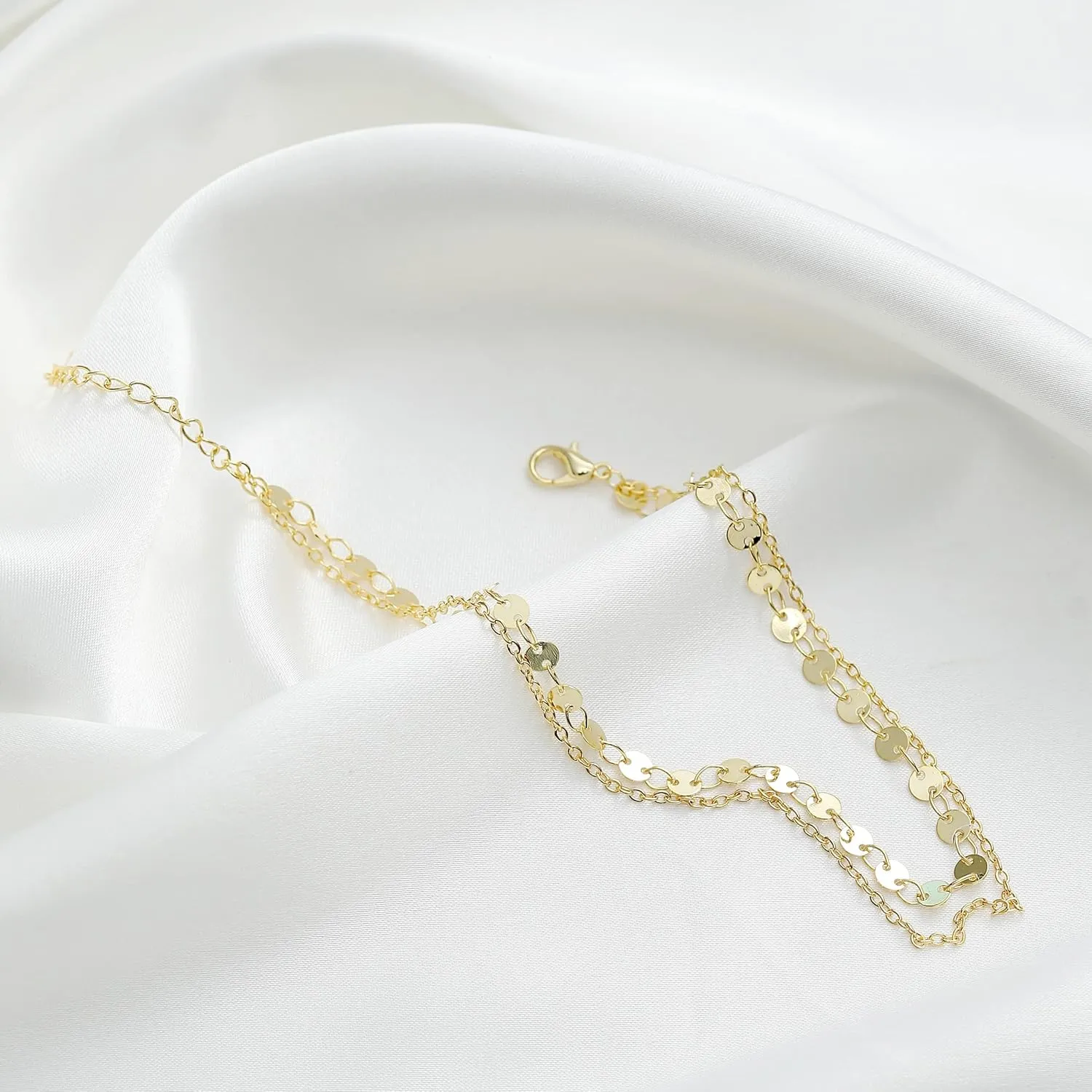 Pencros Dainty Layered Anklet,14K Gold Filled Cute Beads Satellite Chain Heart Boho Adjustable Anklets for Women