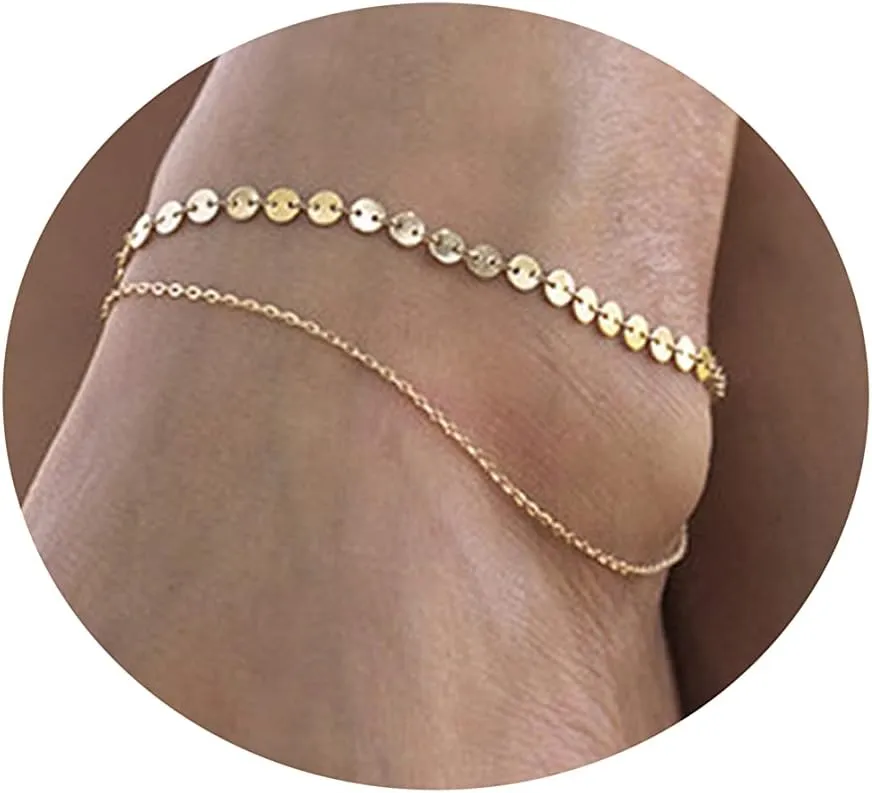 Pencros Dainty Layered Anklet,14K Gold Filled Cute Beads Satellite Chain Heart Boho Adjustable Anklets for Women