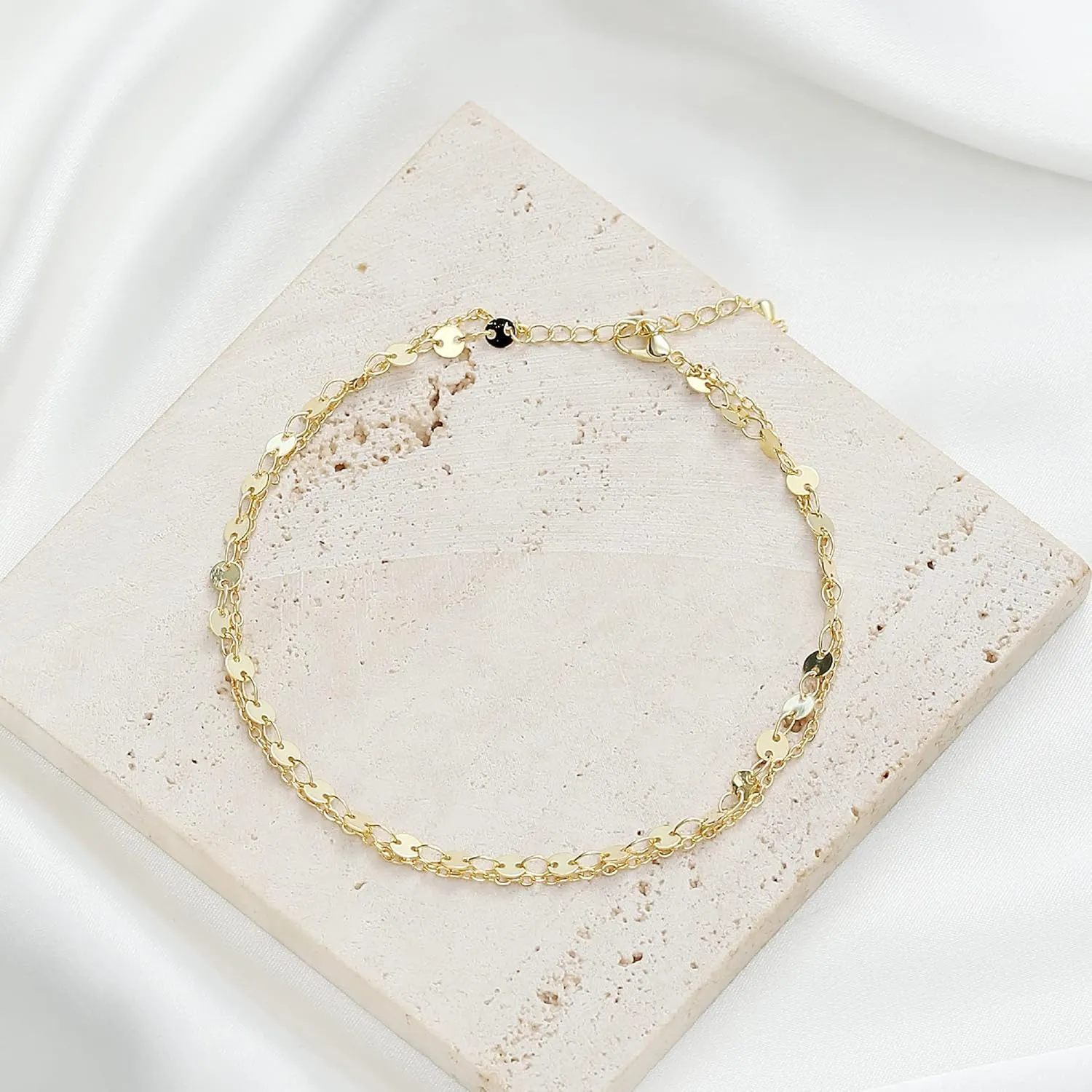 Pencros Dainty Layered Anklet,14K Gold Filled Cute Beads Satellite Chain Heart Boho Adjustable Anklets for Women