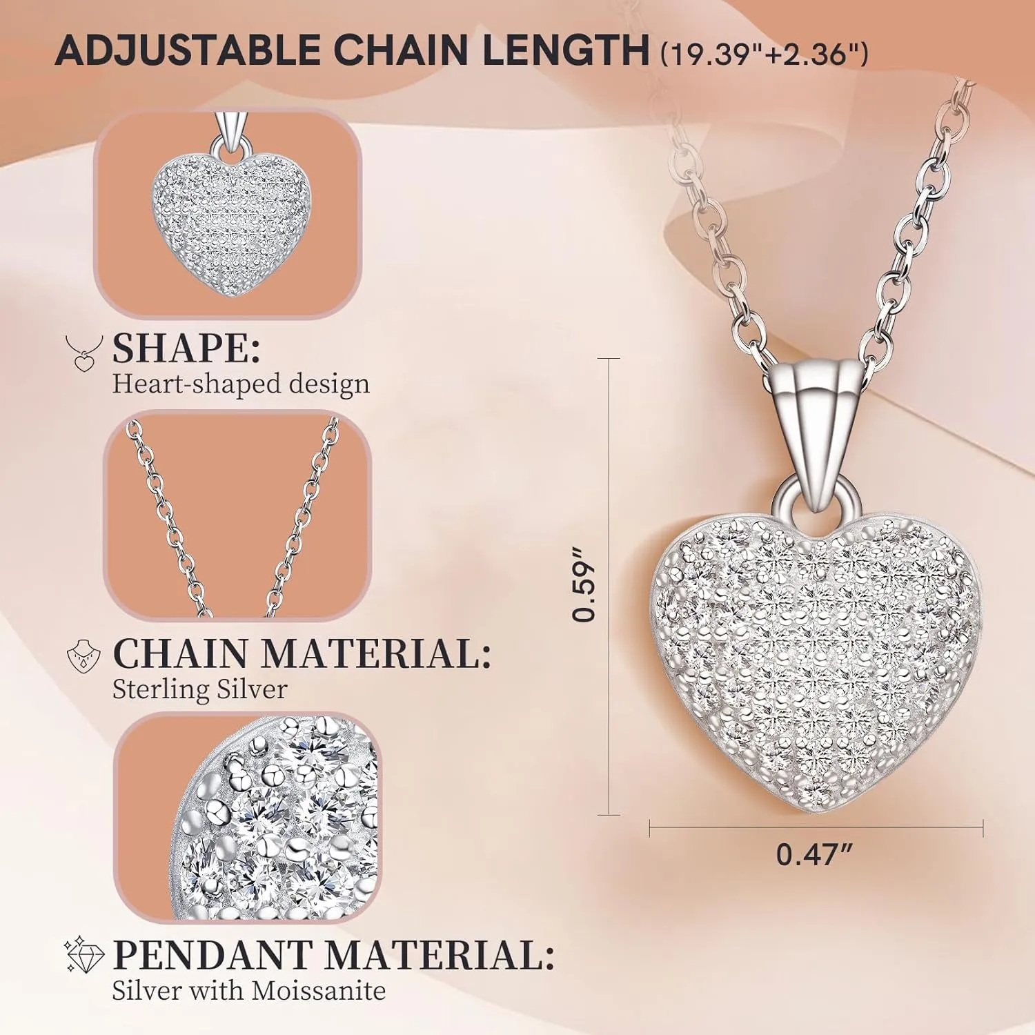 Pendant Necklaces for Women 925 Sterling Silver with Moissanite & Genuine Jewelry, Lucky Clover, Butterfly, Pink Crystal Heart Design, 14K White Gold Plated Nacklace, Mom Wife Women's Birthday Gifts