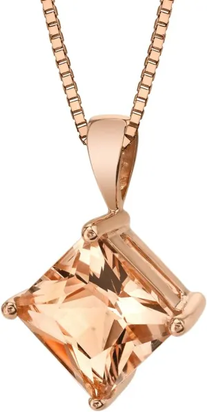 PEORA 14K Rose Gold Morganite Pendant, Genuine Gemstone Classic Solitaire, 2.25 Carats Princess Cut, 8mm, 100% Natural & Real, Pretty Peach Pink Morganite, w/Jewelry Box